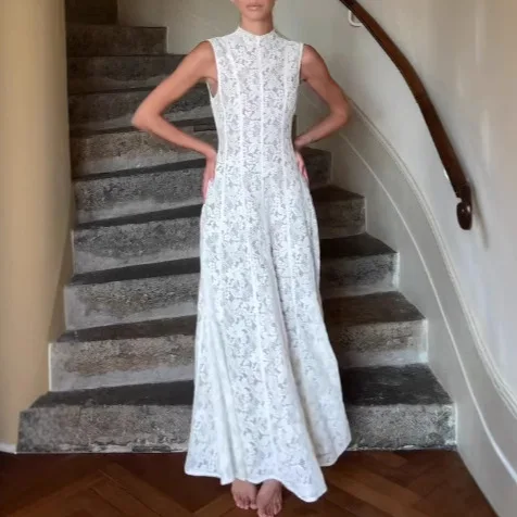 

2025 Summer Women's Dress Elegant Sleeveless High Neck Retro Lace Dress