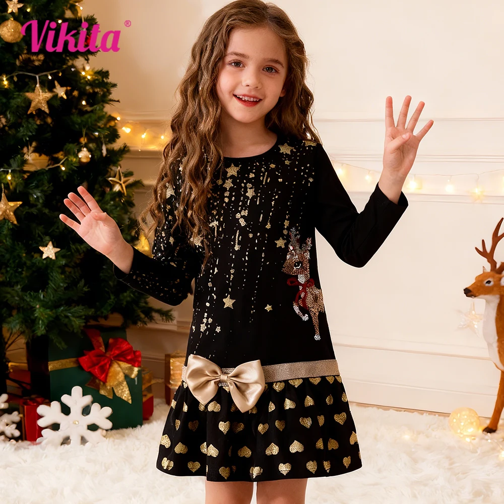 VIKITA Girls Christmas New Year Gift Dress Kids Elk Sequined Appliqued Star Heart Print Cotton Dresses with Bowknot Kids Clothes