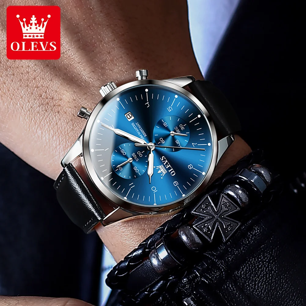 OLEVS Original Men\'s Watches Luxury Top Brand Leather strap Quartz Male WirstWatch Waterproof Date Business Quartz Watch for Man