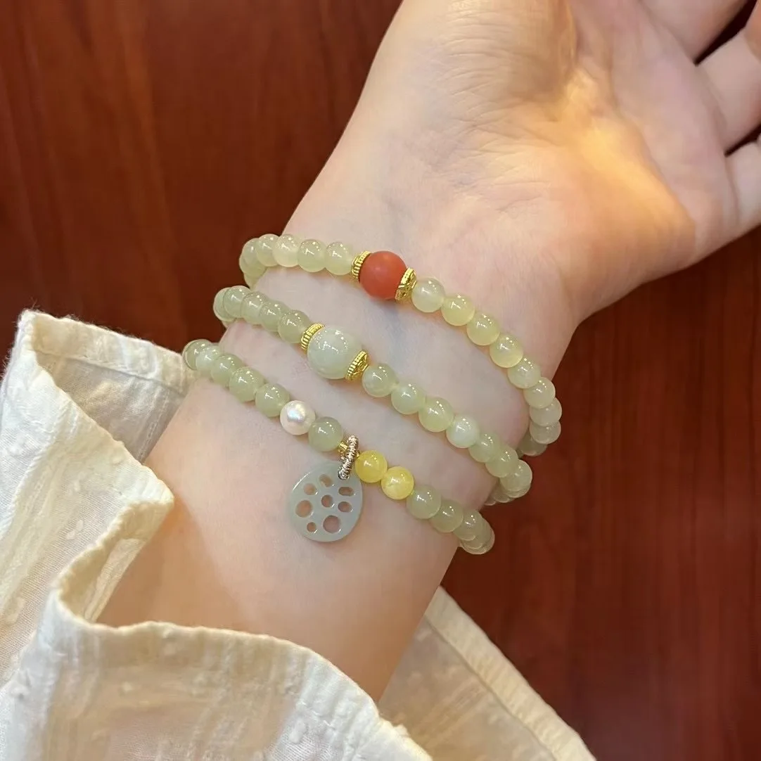 

Handcrafted Natural Hetian Jade Multi-Row Bracelet Neo-Chinese Style Agate Lotus Root Slice Pendant Bracelet For Women