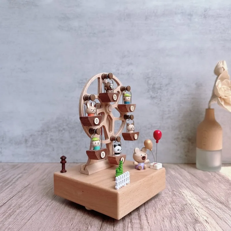 Wooden Animal Ferris Wheel Music Box Mechanical Wind‑up Rotating Carousel Musical Ornament Home Decor Gift