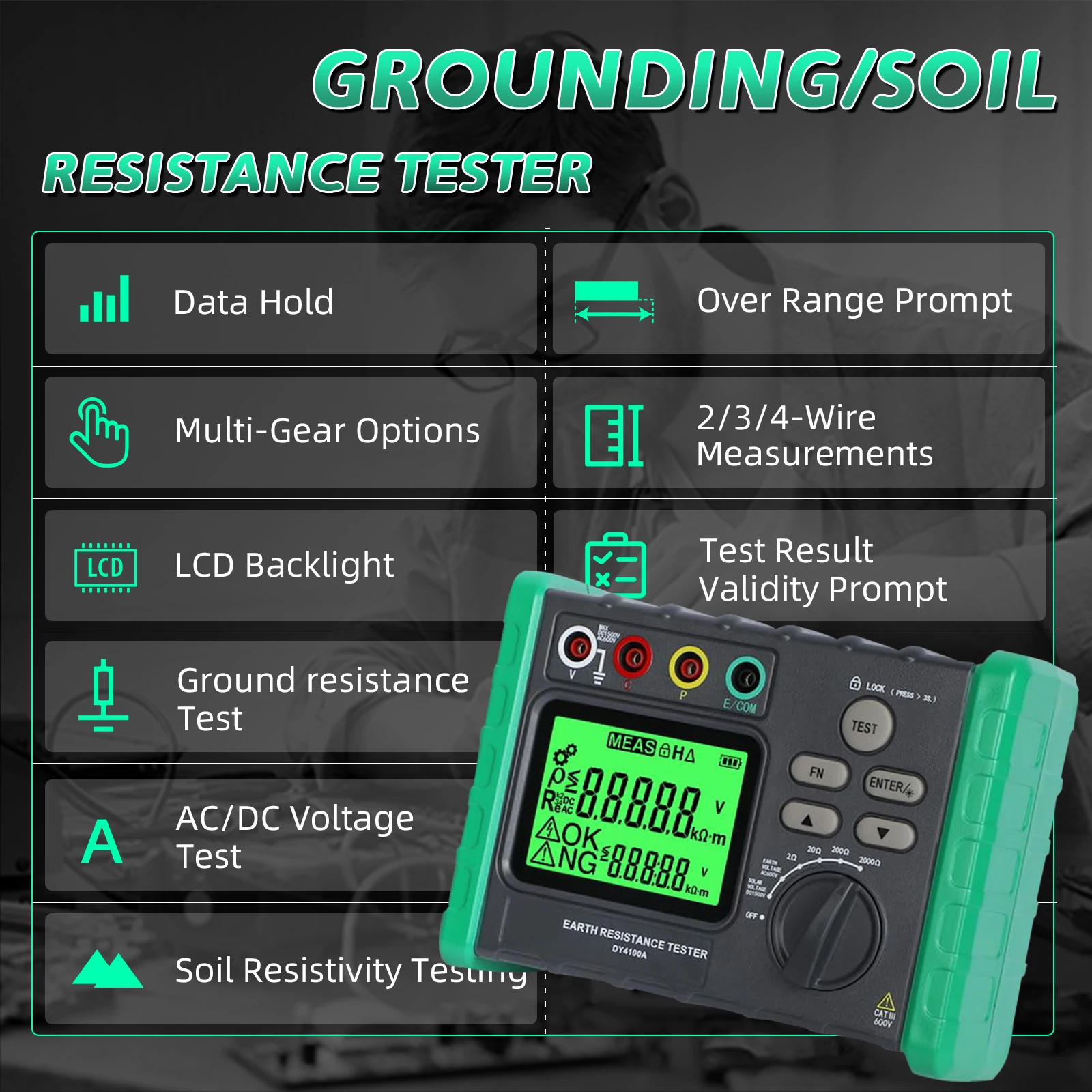 

All-in-One Ground Tester: Measures Ground Resistance, Soil Resistivity, AC/DC Voltage. Features Auto-Test & Backlit LCD.