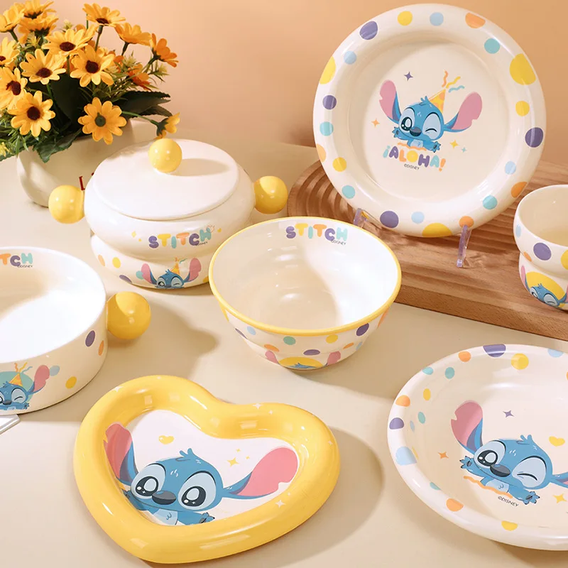 アニメディズニーステッチセラミックライスボウルアニメ漫画マグカップインスタントラーメンボウルラブプレートセットかわいいステッチホームデコレーションガールギフト