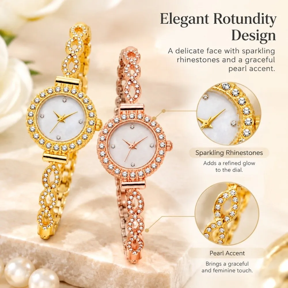 Rhinestone Quartz Watches Diamond Studded Watch Strap with Adjustable Bracelet Rotundity Shaped Watch Wrist Decoration Gift