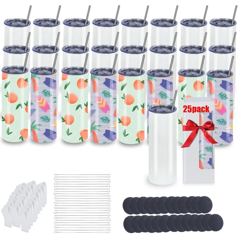 Sublimation Tumblers Skinny Straight, Stainless Steel Sublimation Tumblers Blank,Insulated Tumbler Sublimation (25, 20OZ)