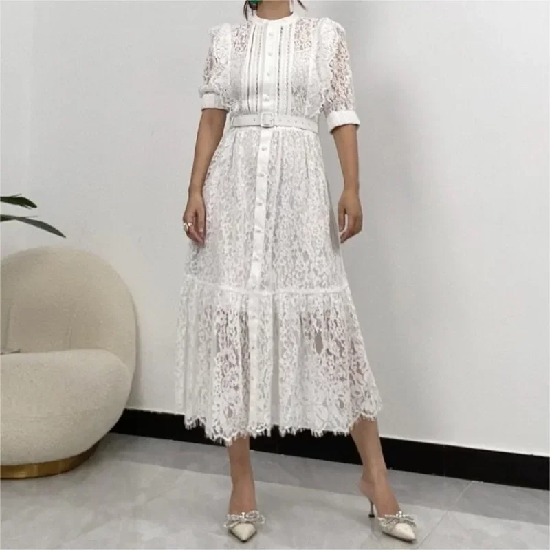 

2024 Spring Summer Vintage Black White Hollow Out Belt Women's Dress