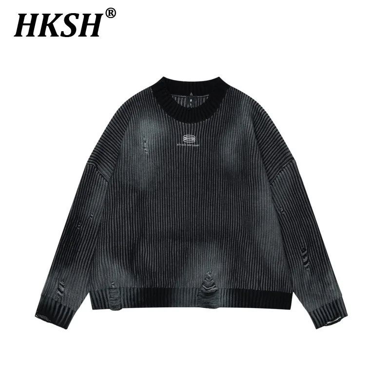 HKSH Spray Painted Embroidery Distressed Hole Sweater Men's Tide Spring Autumn New Loose Niche Trendy Ins O-Neck Pullover HK3779