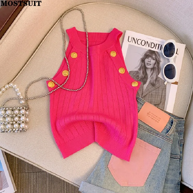 Summer Sexy Halter Slim Knit Vests Women Gold Buttons Crop Tops Sleeveless Streetwear Fashion Stylish Chic Ladies Knitwear Vest