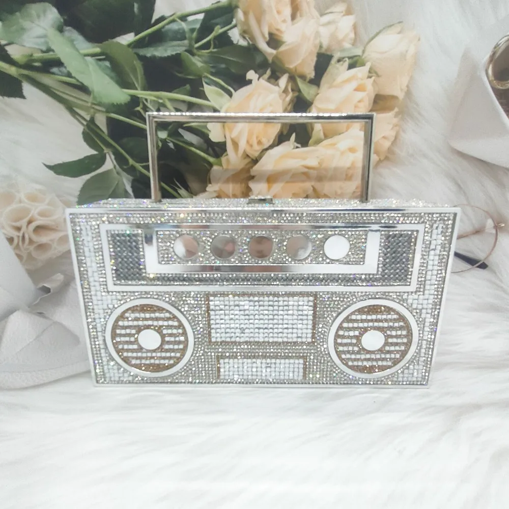 DGPEAFOWLRadio Evening Clutch Bag Color Diamonds Women Bridal Wedding Metal Handle Shiny Rhinestone Purse And Handbags Designer