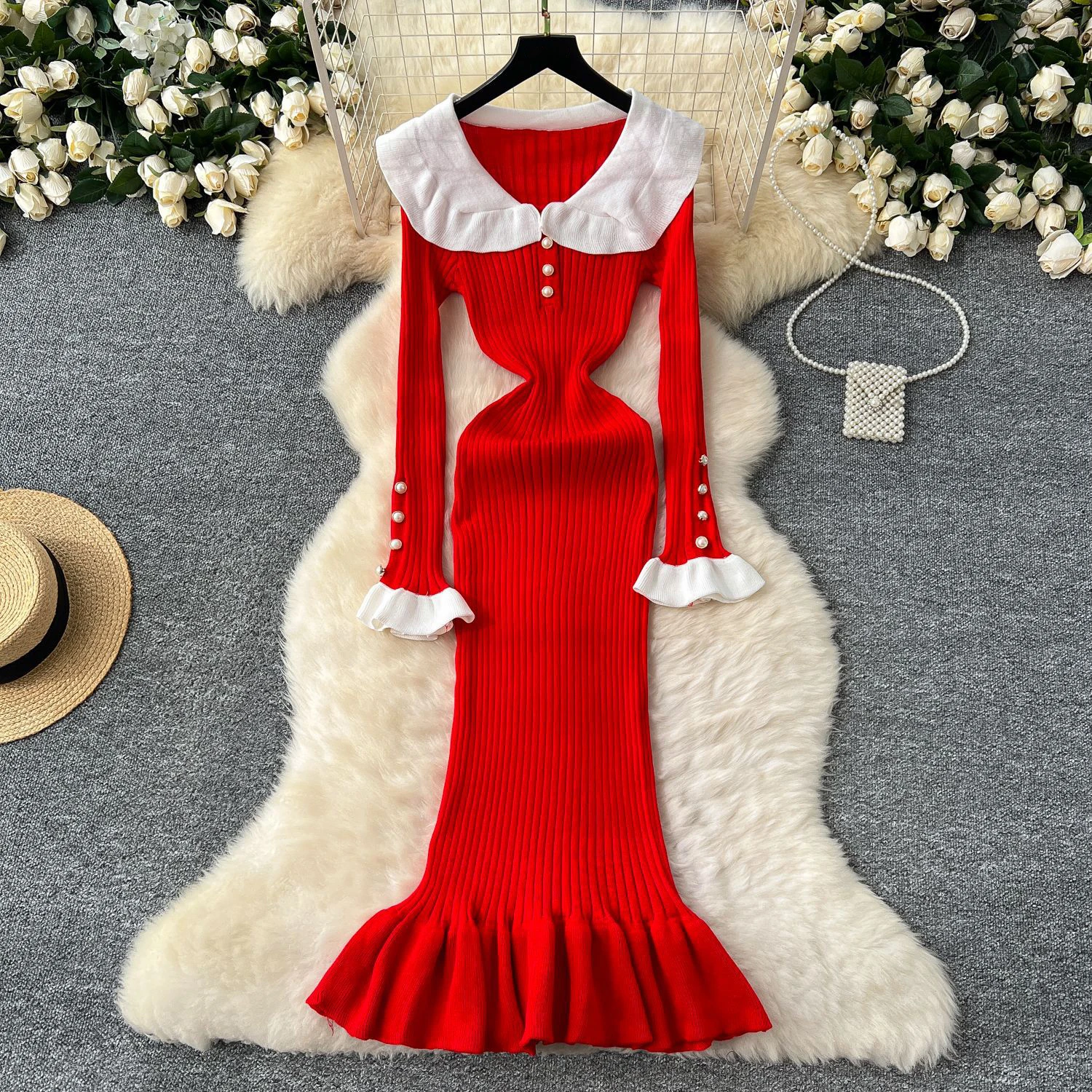 

2024 Knitted Dress Women's Autumn And Winter New Style French Retro Patchwork Doll Collar Single Breasted Fish Tail Long Skirt