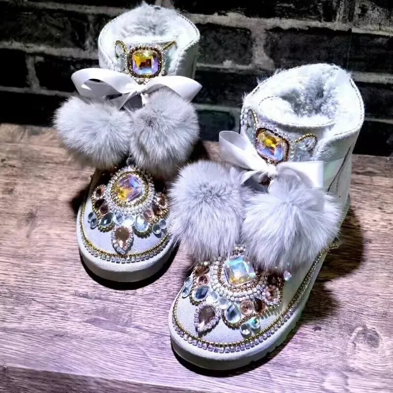 

Folk Fox Fur Ball Lace -Up Gem Rhinestone Flower Flats Snow Boots Round Toe Grey Cow Suede Pompon Winter Warm Plush Boots