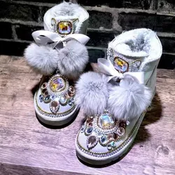 Folk Fox Fur Ball Lace -Up Gem Rhinestone Flower Flats Snow Boots Round Toe Grey Cow Suede Pompon Winter Warm Plush Boots