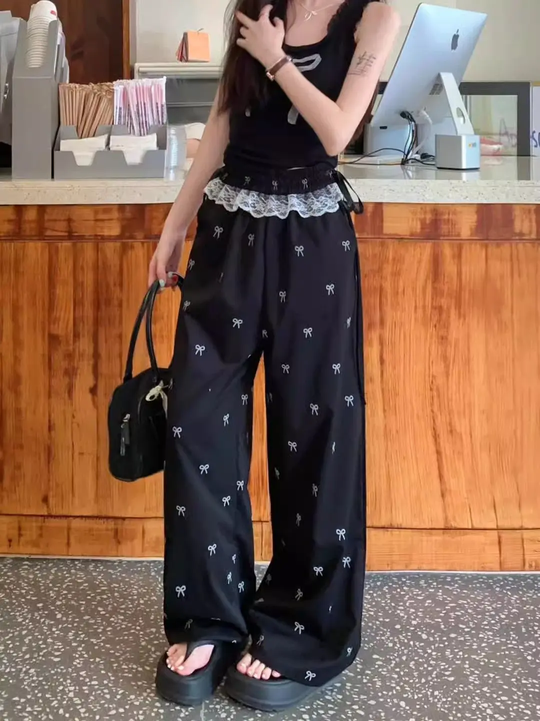 Sweet Sexy Lace Patchwork Casual Bows Pants Women,Summer Loose Elastic Waist Loose Straight Leg Pants