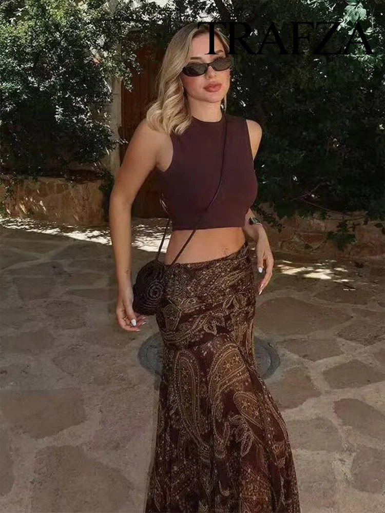 

TRAFZA Elegant Women Printed Skirt High Waist Pleated Chic Side Zipper Vintage Skirts Autumn Woman Slim Street Style Midi Skirts