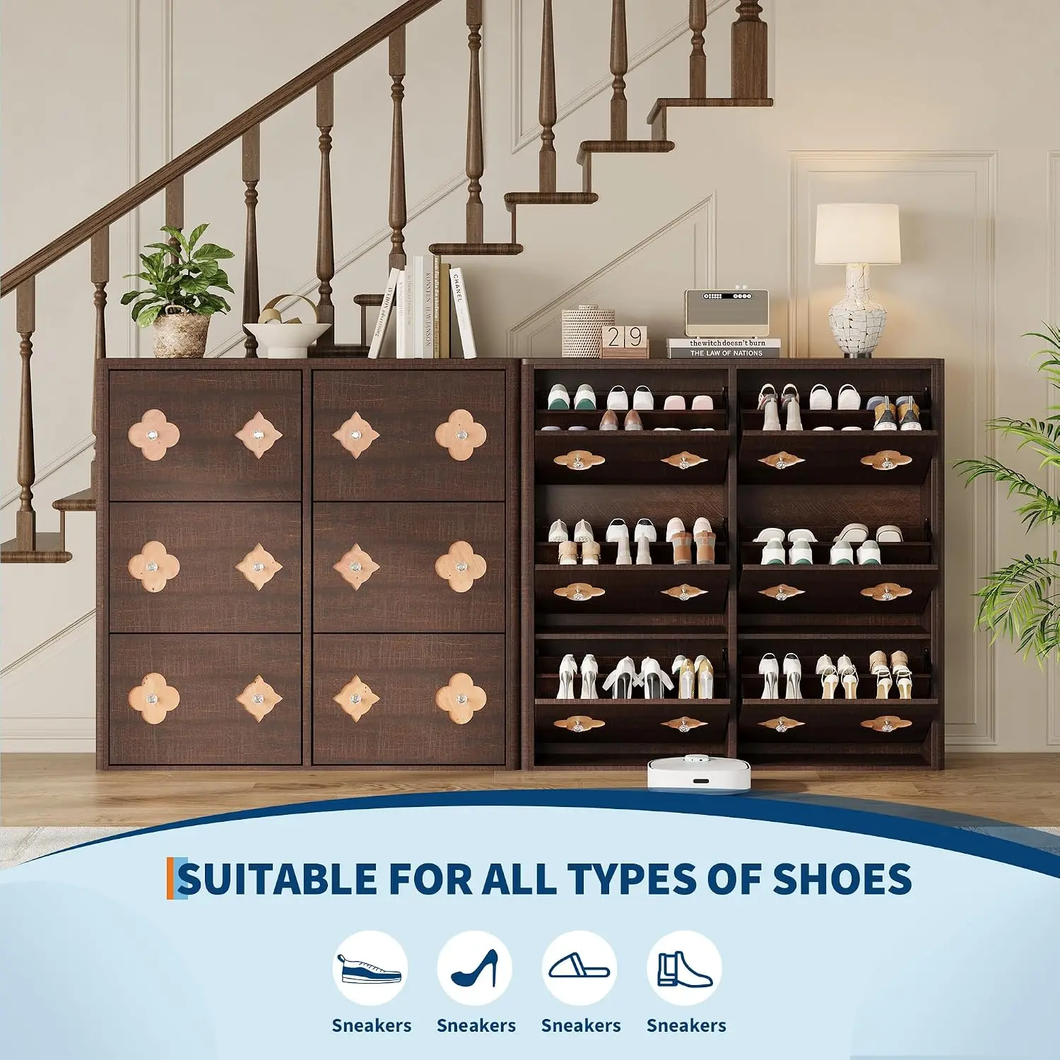 Slim Wood Shoe Cabinet with 6 Flip Drawers & Floral Pattern, Freestanding Storage with Adjustable Shelves , Brown, Customized