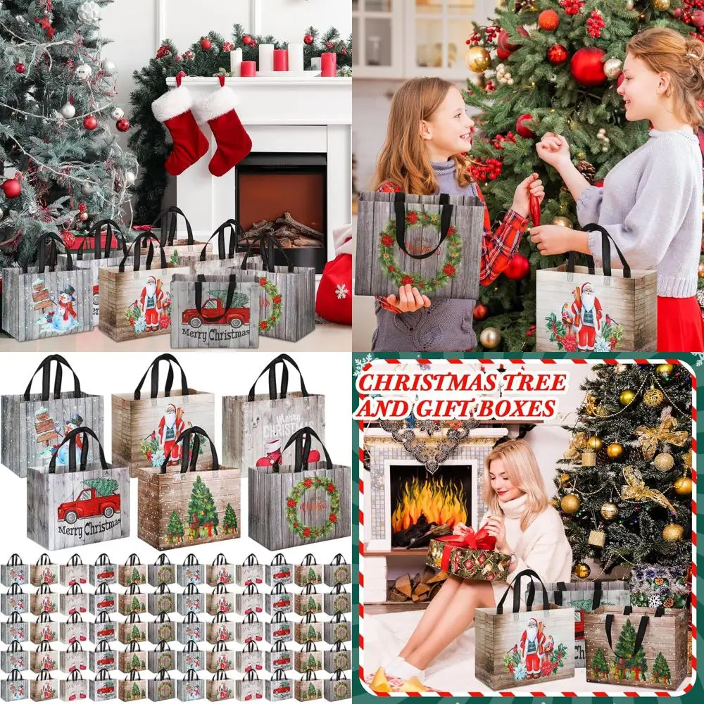 

Bulk 120 Pack Christmas Tote Bags with Handle, Non-Woven, Retro Design, 12.8x9.8x6.7 inches