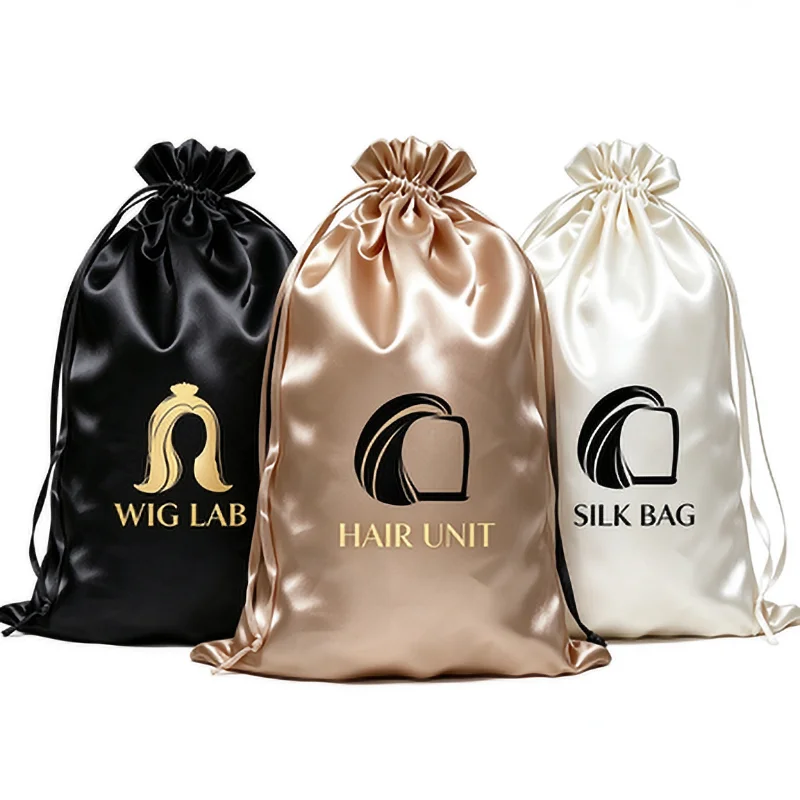 Custom Logo Satin Drawstring Bag, Black Gold Silky Wig Storage Pouch, Personalized Print Hair Bundle Packaging Bag for Hair Exte