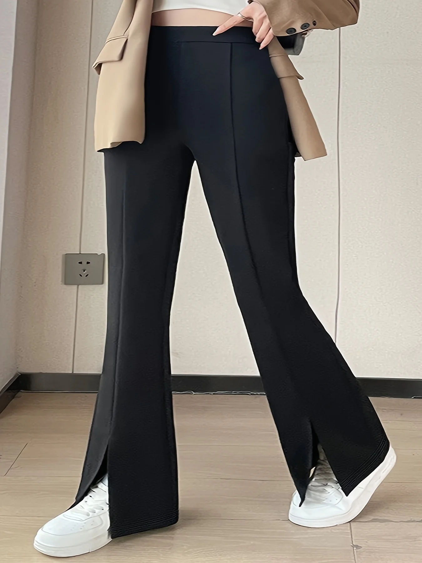 2024 Spring and Autumn Fashion New Women's Plus Size Slit Design Solid Color Straight Pants Nine Minute Pants