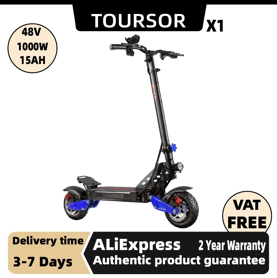 

Электросамокат TOURSOR X1 для взрослых, мотор 1000 Вт, аккумулятор 48В15Ач, складной, с широкими шинами 10 дюймов, электрический горный самокат