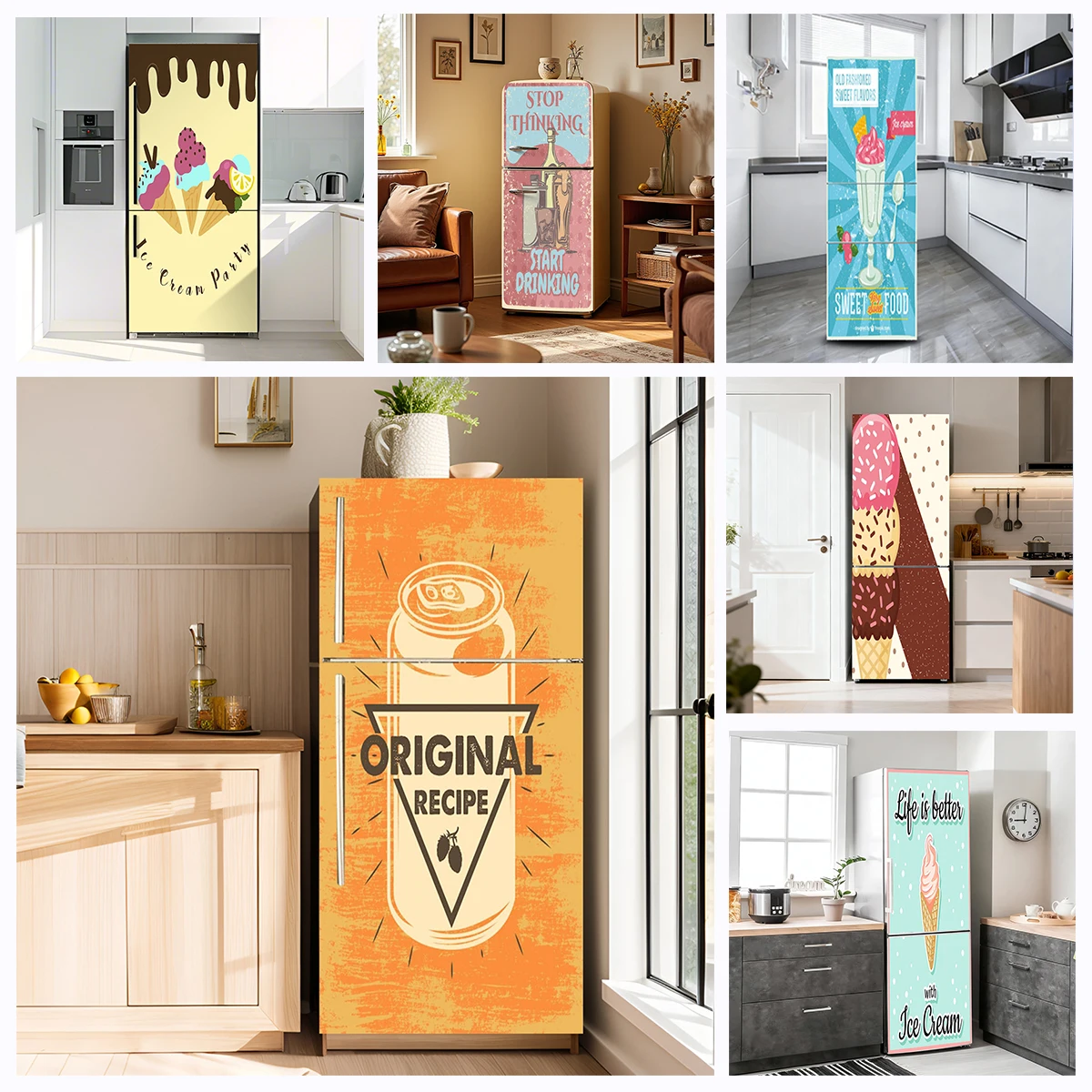Vintage Ice Cream Soda Food Fridge Door Sticker Mural Self-adhesive Kitchen Refrigerator Cupboard Furniture Door Wrap Stickers