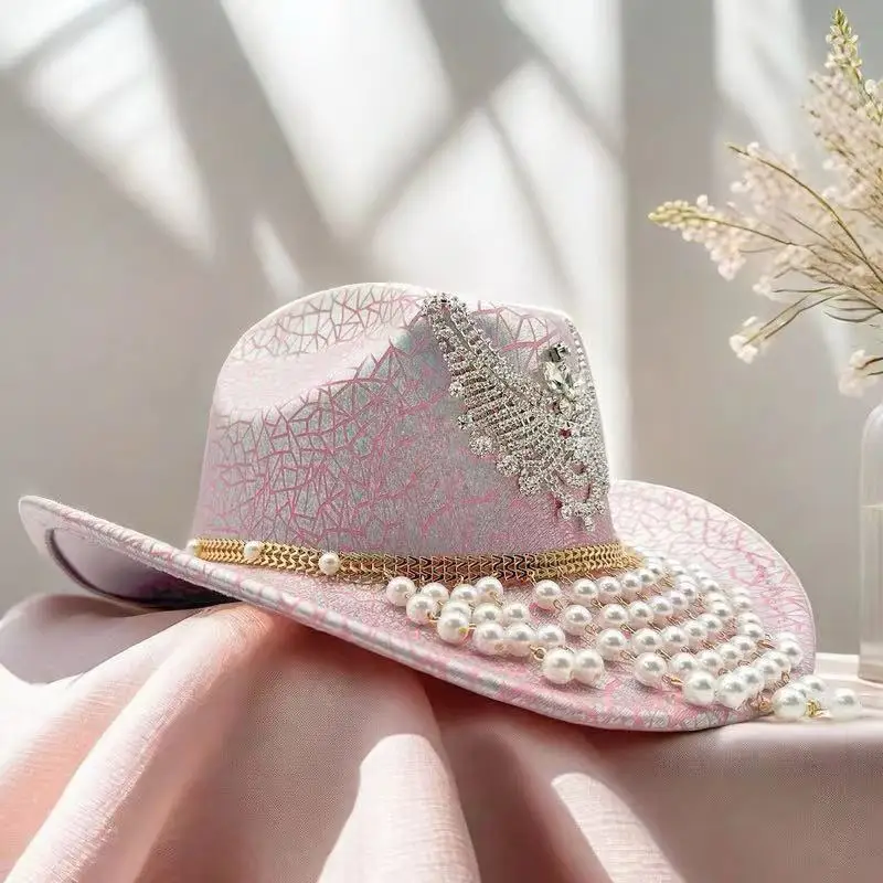 HongLuan بريق زي قبعة الكبار وقبعات رعاة البقر حجر الراين للمرأة، كاوبوي تأثيري الإناث الملحقات وقبعة راعية البقر