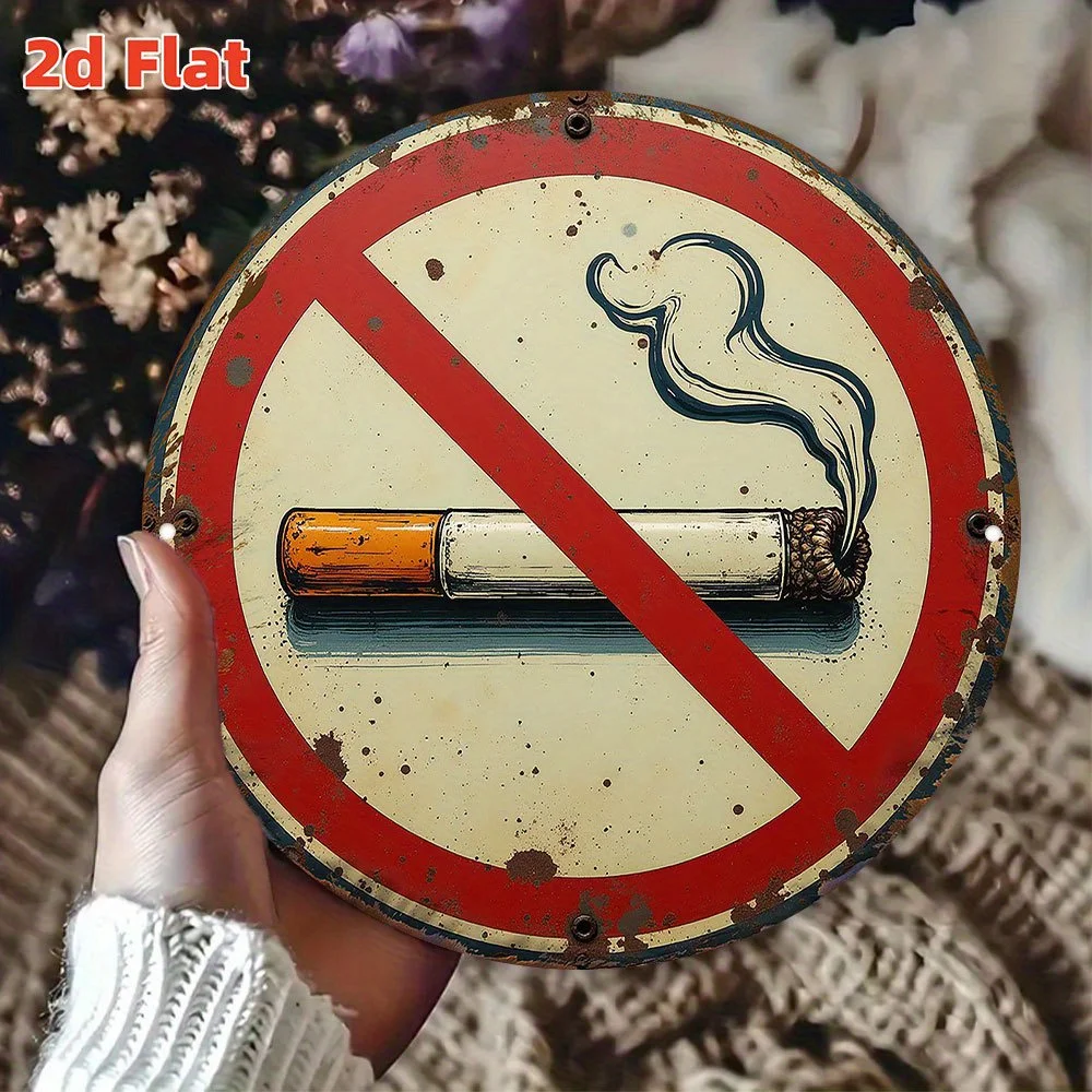 2D Flat - Vintage 2D Flat No Smoking Sign, Aluminum Wall Hanging, Round Decorative Plaque for Hospital, School, Restaurant
