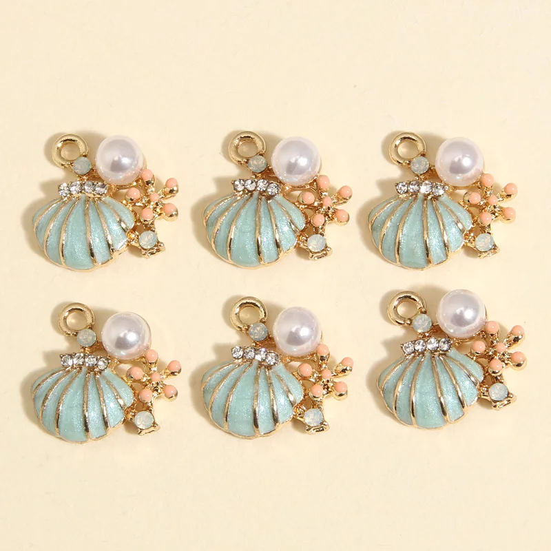 5pcs Gold Color 15x15mm Lovely Enamel Shell Starfish Pearl Flower Charms Sea Pendant Fit DIY Handmade Jewelry Making Supplies