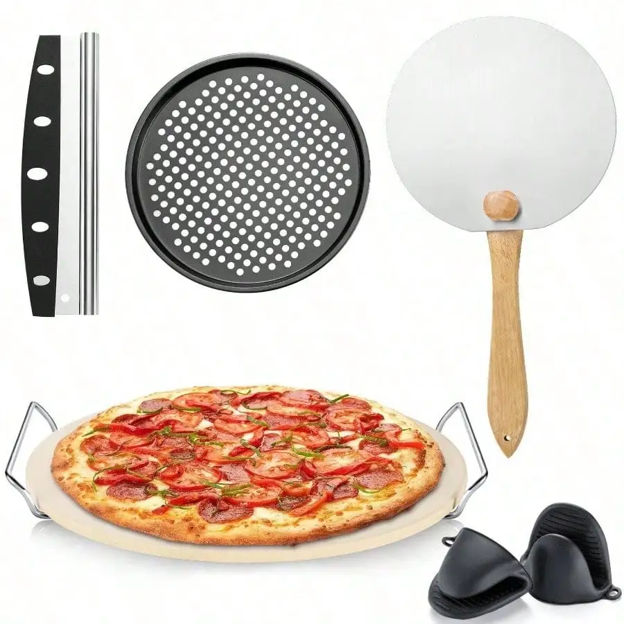 

13 Round Cordierite Pizza Grilling Stone with Peel Pan Cutter Durable Oven Baking BBQ Grilling Black Surface