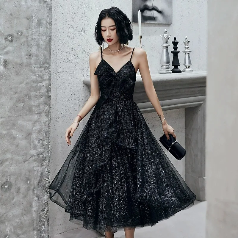 2025年新作 レディース ブラックイブニングドレス 高級感溢れる気品ある晩餐会 年次総会 誕生日ドレス エレガントで妖精のような気質