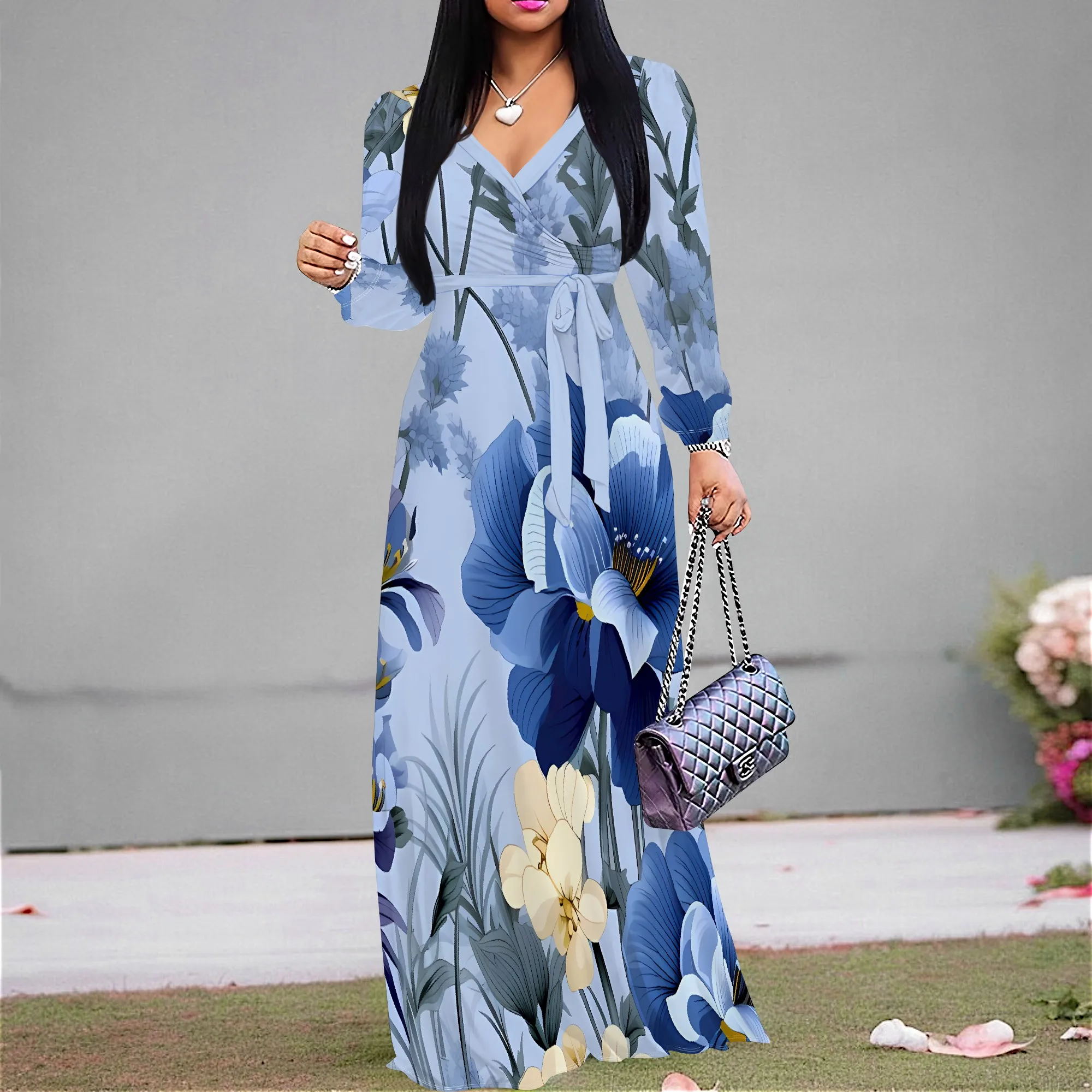 

Nupusa Standard Size Maxi Dress Blue Floral Print V Neck Long Sleeve Belted Dress