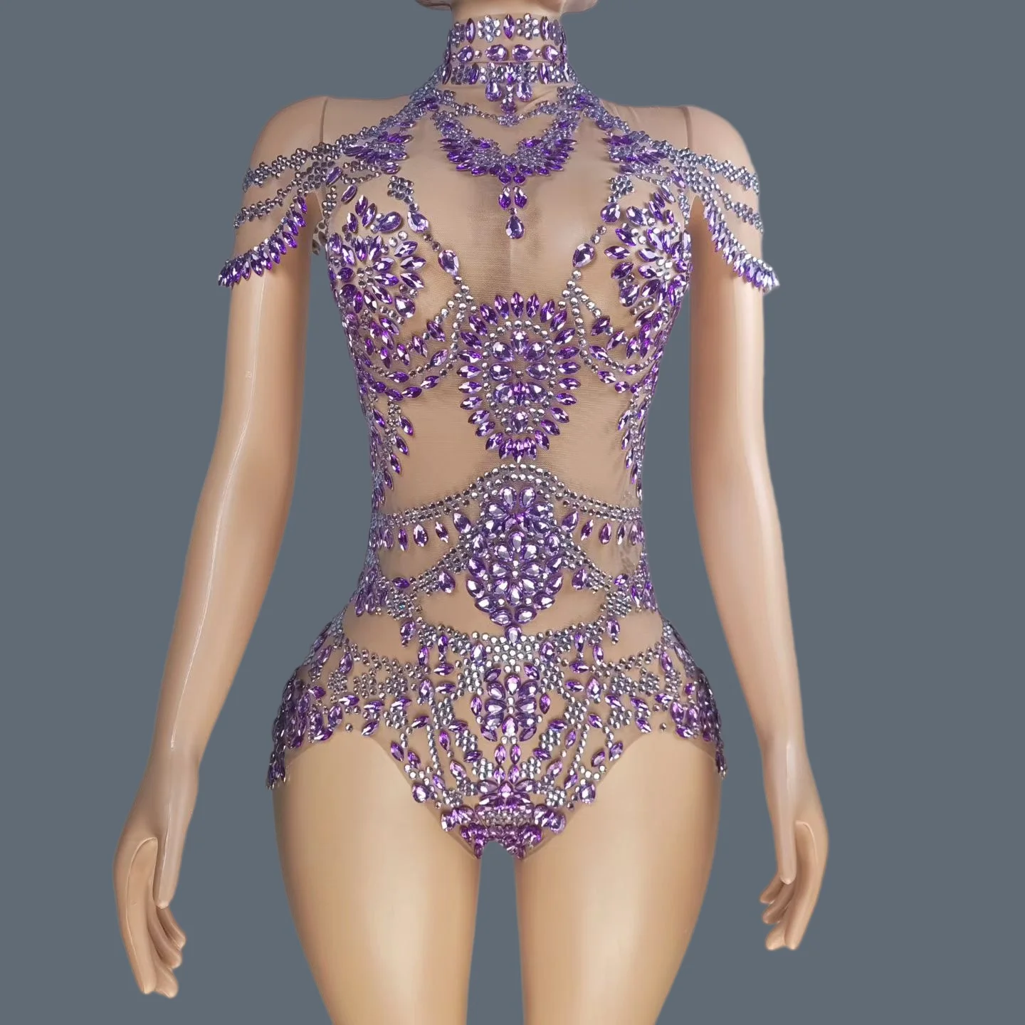 

Women Sparkly Crystals Transparent Mesh Bodysuits Birthday Party Dancer Leotard Performance Sexy Wear Club Show Outfit Wuniang