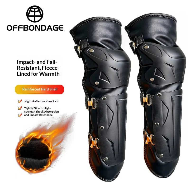 OFFBONDAGE Winter Motorcycle Warm Knee Pad Riding Knee Pads Hard Shell PU Windproof Thickened Plush Leg Guards Plush Waterproof