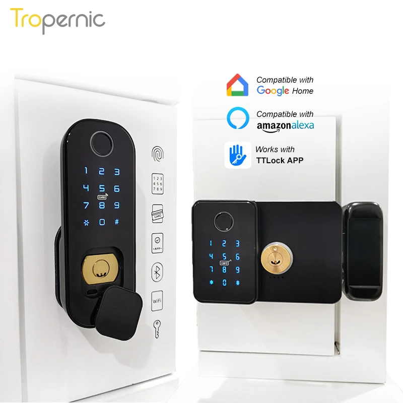 Waterproof Smart Lock For Gate Outdoor Keyless Electric Rim Wifi Double Sided Fingerprint Reader Lock With Ttlock App