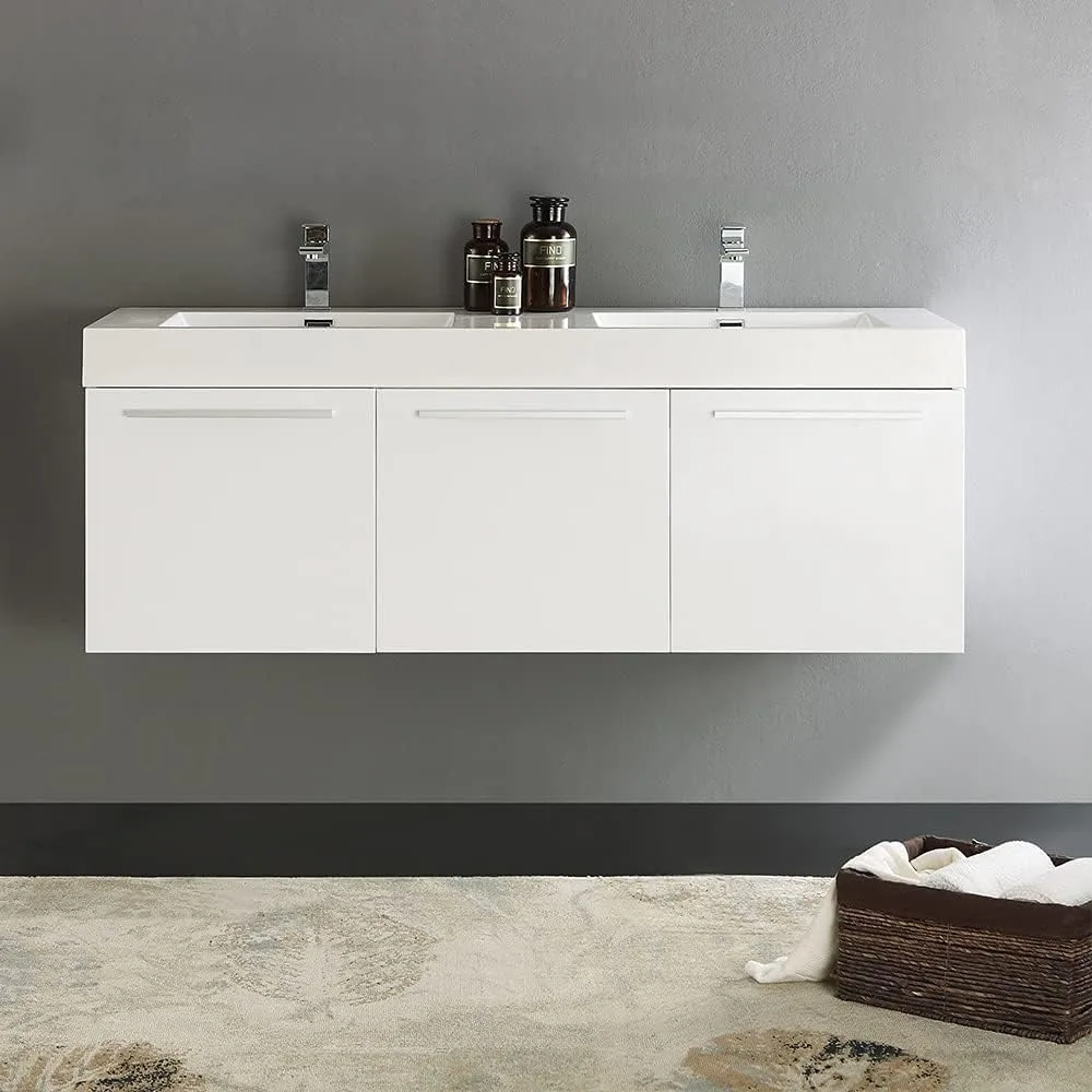 60 Inch White Wall Hung Modern Double Bathroom Vanity - Includes Integrated White Sink with 3 Cabinets - Faucet Not Included