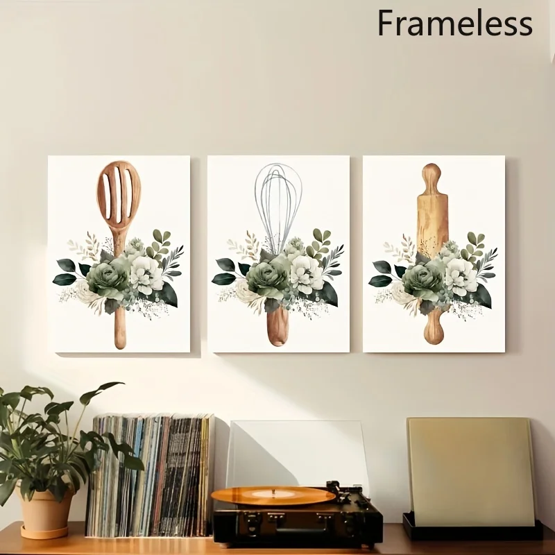 （Noframe 3PCS）-2D Flat, 2D Flat, Frameless 3pcs Set Canvas Art Prints - Green Watercolor Floral And Kitchenware Design, Thick