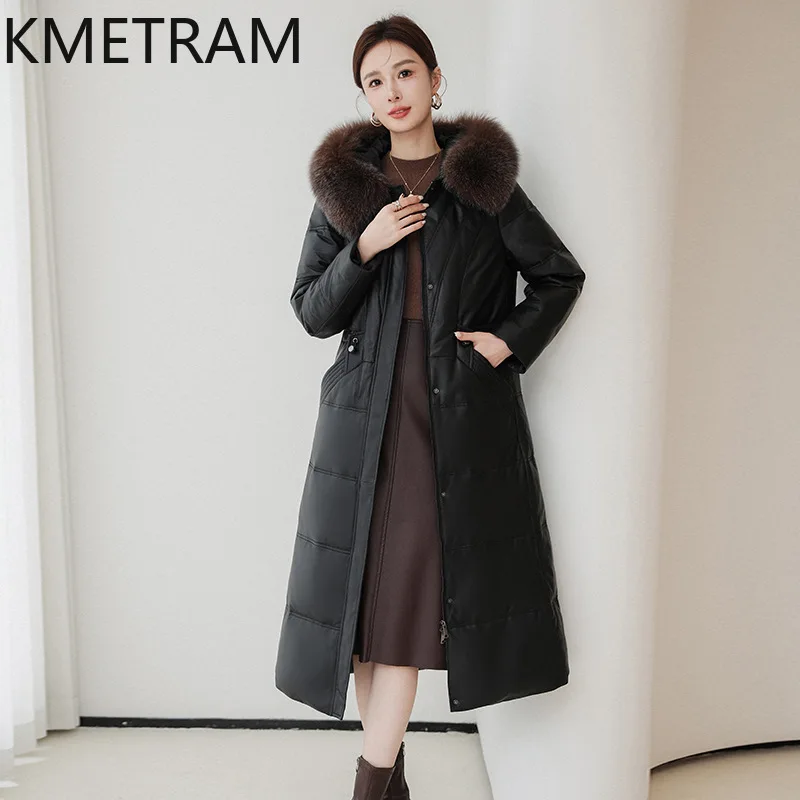 Damska kurtka puchowa ze 100% skóry owczej, wysokiej jakości, długi płaszcz puchowy ze skóry naturalnej z kapturem i kołnierzem z futra lisa, odzież zimowa 2025