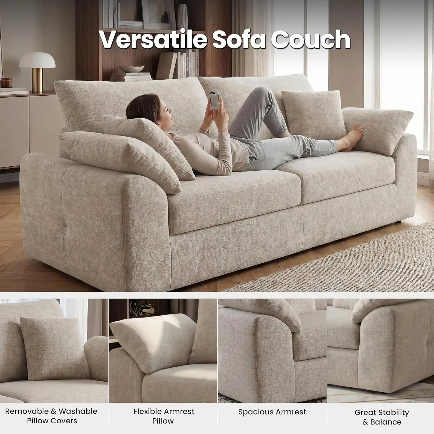 Modern Loveseat Sofa Mid Century Cloud Boneless 4 Pillows Small Living Room 89.8" No Assembly Camel Custom image 3