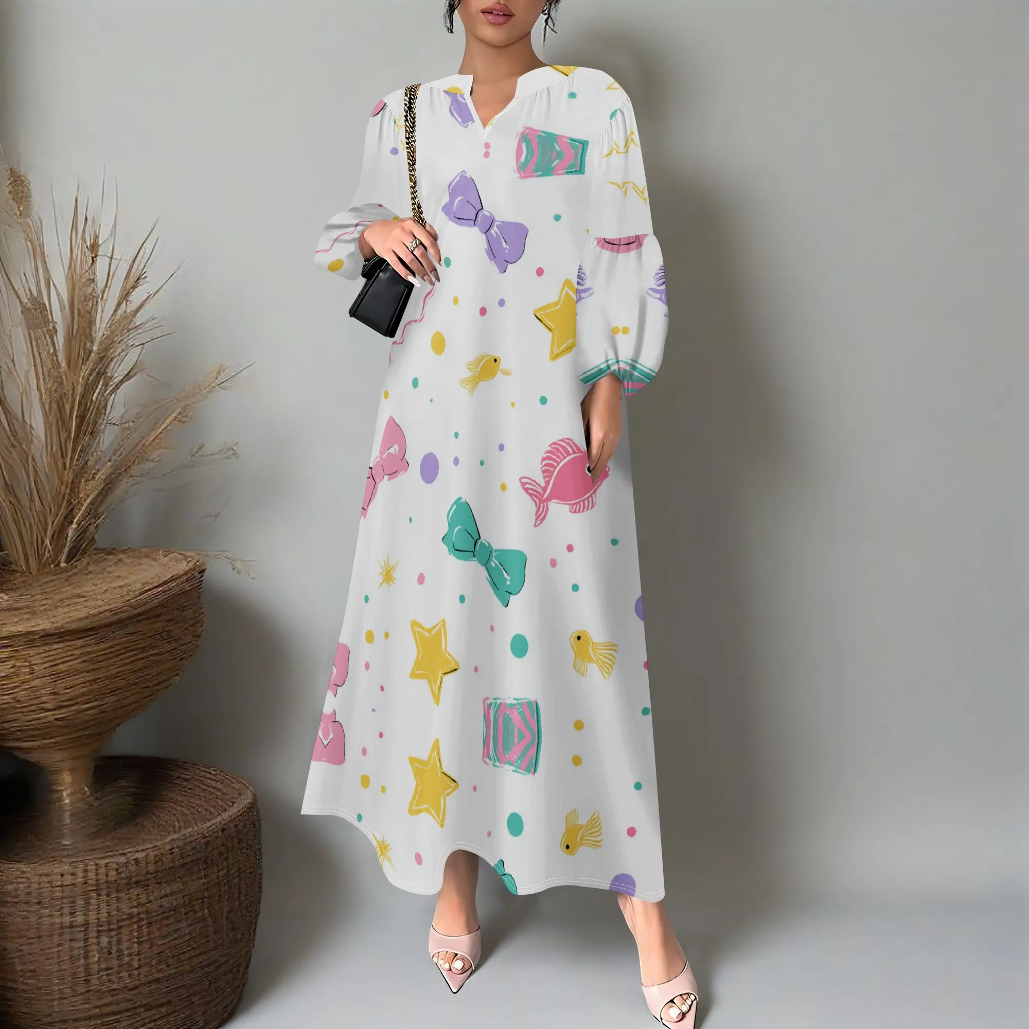 

Bow Star Print Maxi Dress XS-3XL V-Neck Long Sleeve Loose Fit for Spring Vacation, Family Gathering or Casual Summer Look