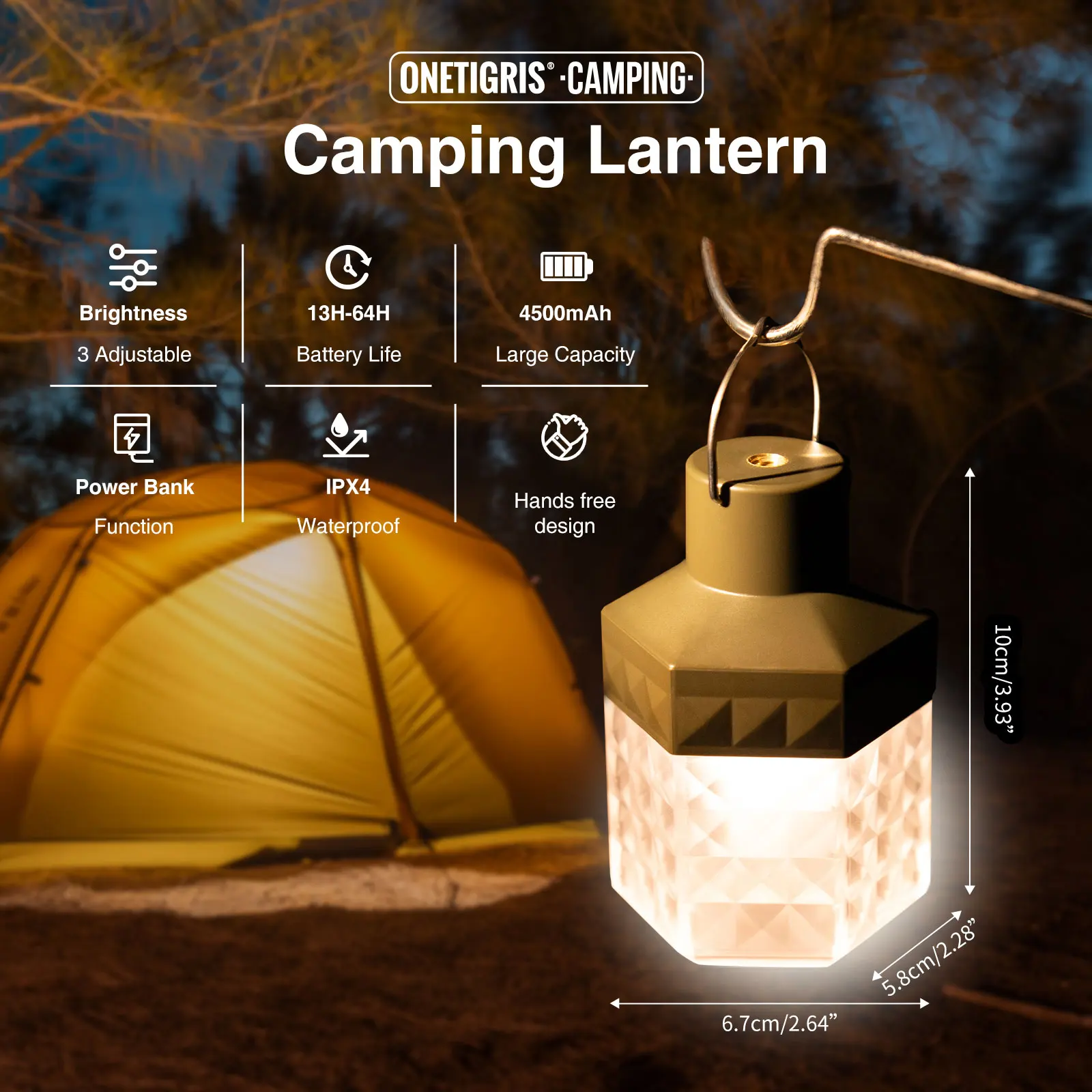 

Onetigris USB Rechargeable Camping Lantern Stepless Dimming Lights Portable Waterproof for Fishing Hiking Emergency Lighting