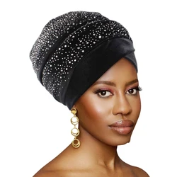 New Women Rhinestone Velvet Long Turban Muslim Head Scarf Hat  Islamic Under Scarf Bonnet Ladies African Wrap Head Scarves