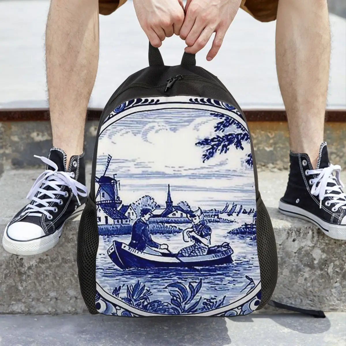 الهولندية الأزرق دلفت طاحونة الكنيسة والمراكب الشراعية حقيبة ظهر الطالب حقيبة مدرسية المشي لمسافات طويلة السفر Daypack حقيبة الكتب الموضة حقائب الكتف