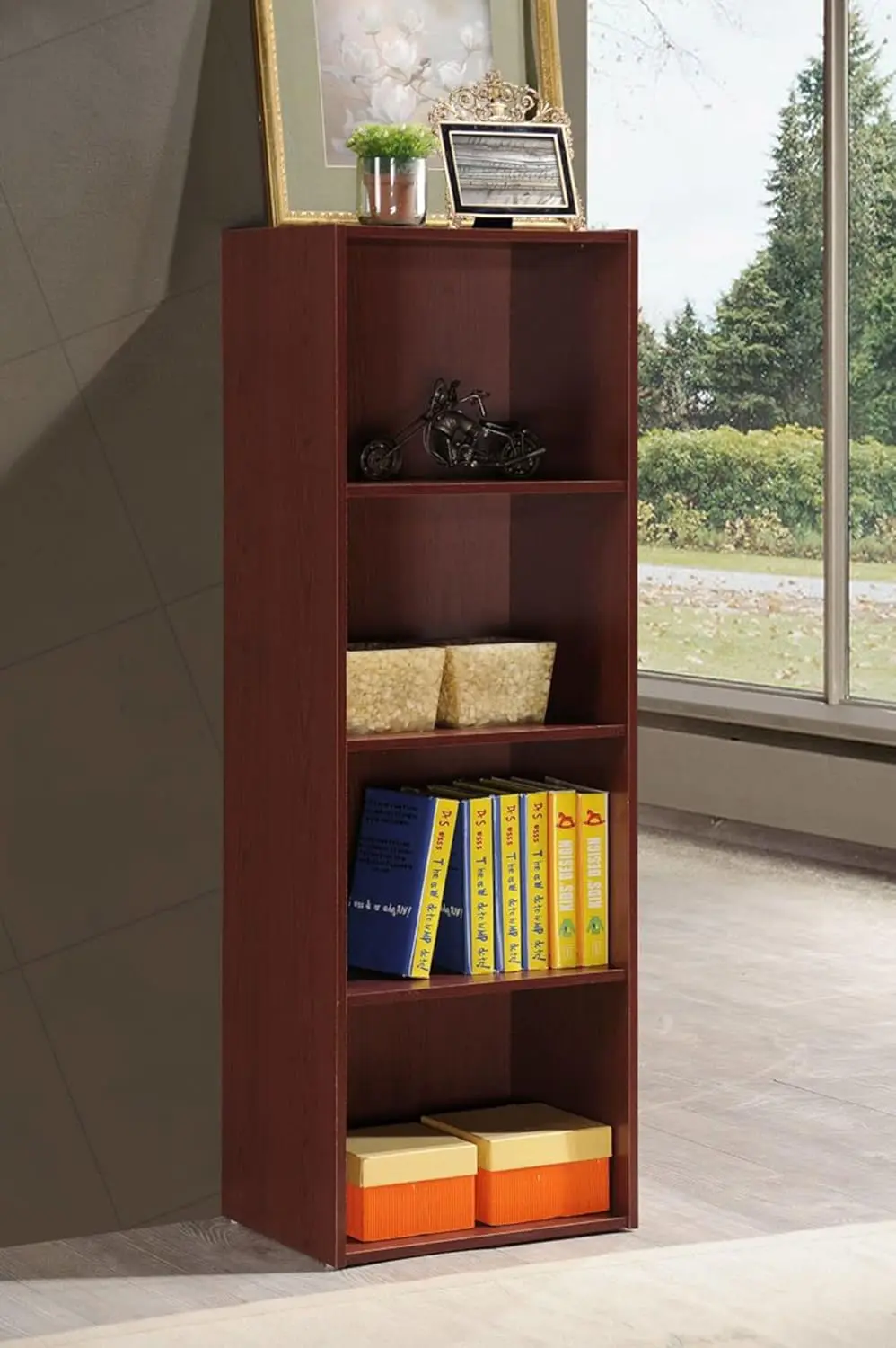 Hodedah 4-Shelf Bookcase in Mahogany