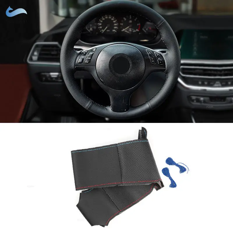 Do BMW M Sport M3 E46 M5 E39 Pokrowiec na kierownicę samochodową Ręcznie szyta czarno-czerwona niebieska linia Perforowana skóra z igłami i nitkami