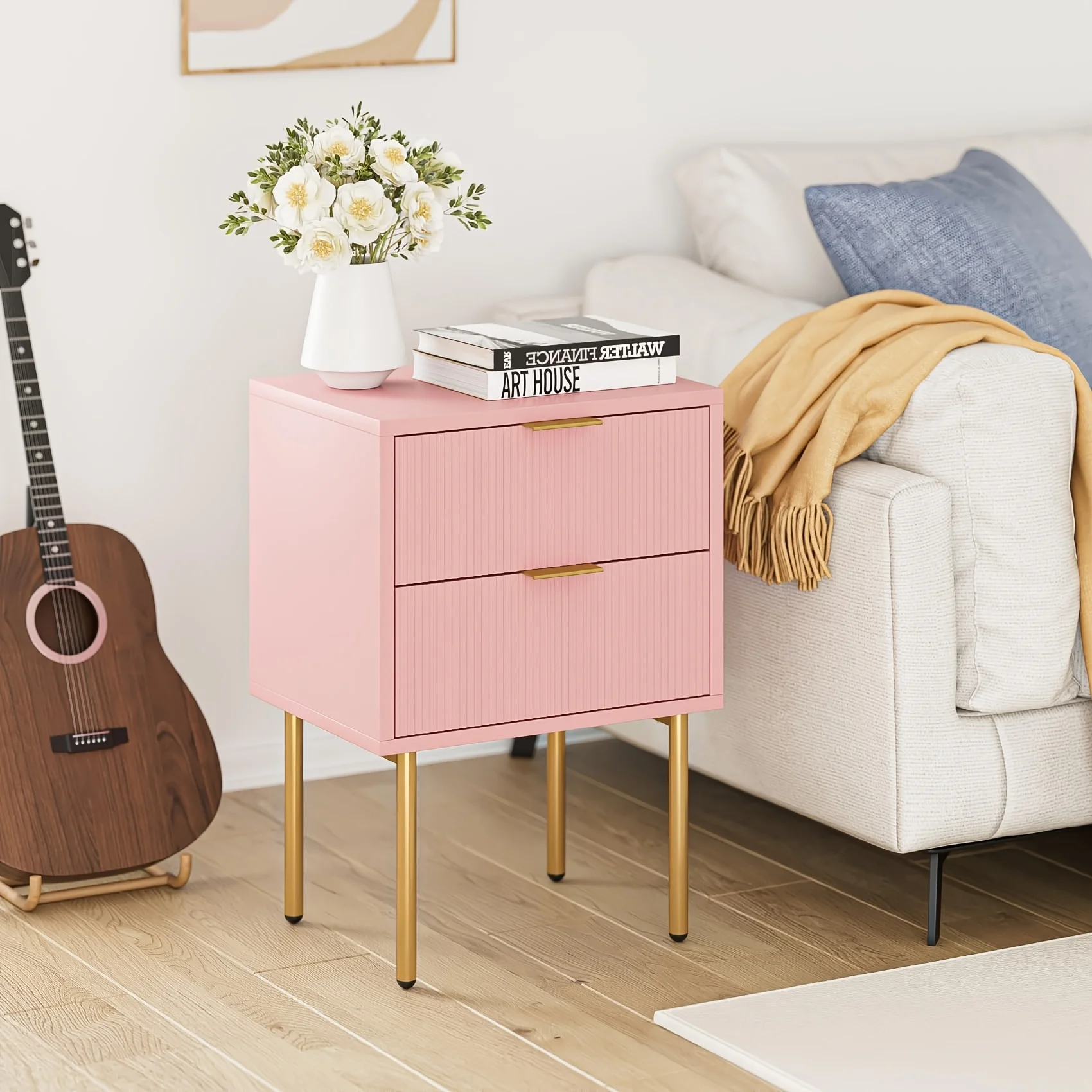 

Side Table, Double-drawer Bedroom Dressing Table, Small Side Table With Two Drawers, Bedside Furniture, Bedside Cabinet, Side Table With Gold-trimmed Frame, Suitable For Bedrooms And Living Rooms, Pink Stripes.