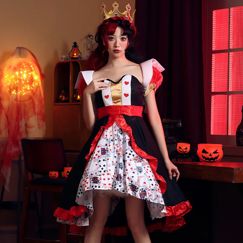 YOUDEYISI Halloween Costume Red Queen Poker Printed Dress, Alice in Wonderland Peach Heart Queen Character Performance Dress