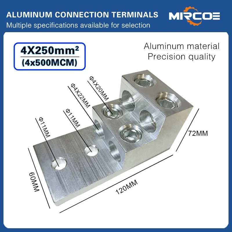 

Универсальный клеммный блок MIRCOE, 4 отверстия X 500 мм, 4*250 мм2, алюминиевый механический разъем на отверстие
