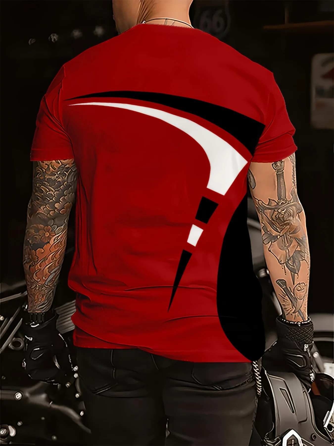 Men Trendy Graphic Tee Shirt, Red Background Abstract Curved Line Pattern Short Sleeve Crew Neck Everyday T-Shirt