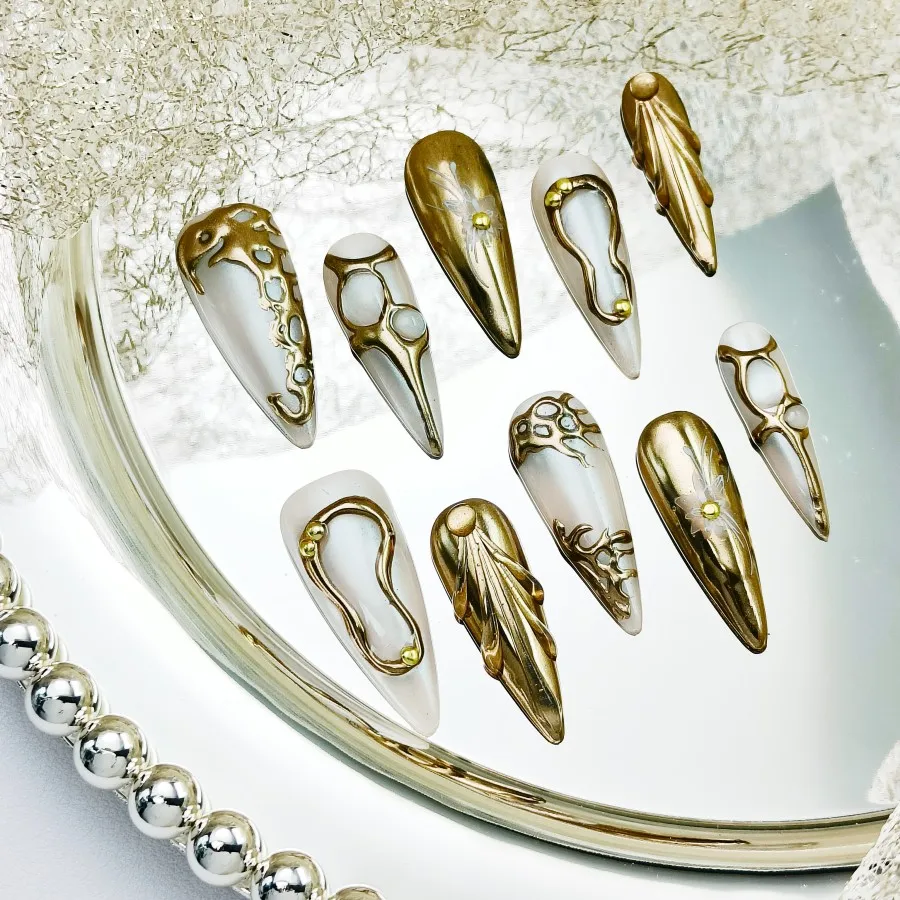 

10PCS Handmade Press On Nails, New 3D Removable Use Press-On Nails, Long Pointed Style, Reusable Nails,artificial nails