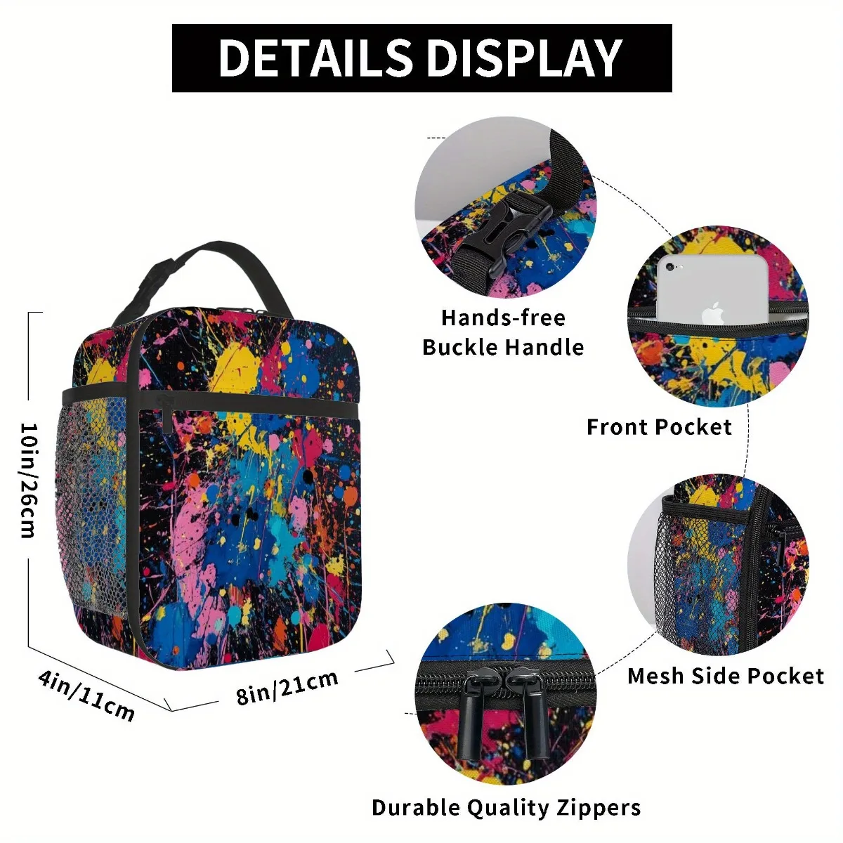 Colorful Splatter Painting Thermal Lunch Bag for Home, Office, or Restaurant Sound, Convenience Lunch Cooler Lunch Box