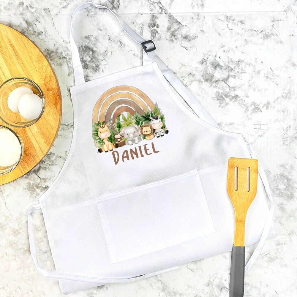 Personalised Child Apron Rainbow  Safari Animals with Name Apron Boys Girls Cooking Baking Apron Custom Birthday Gift for Kids